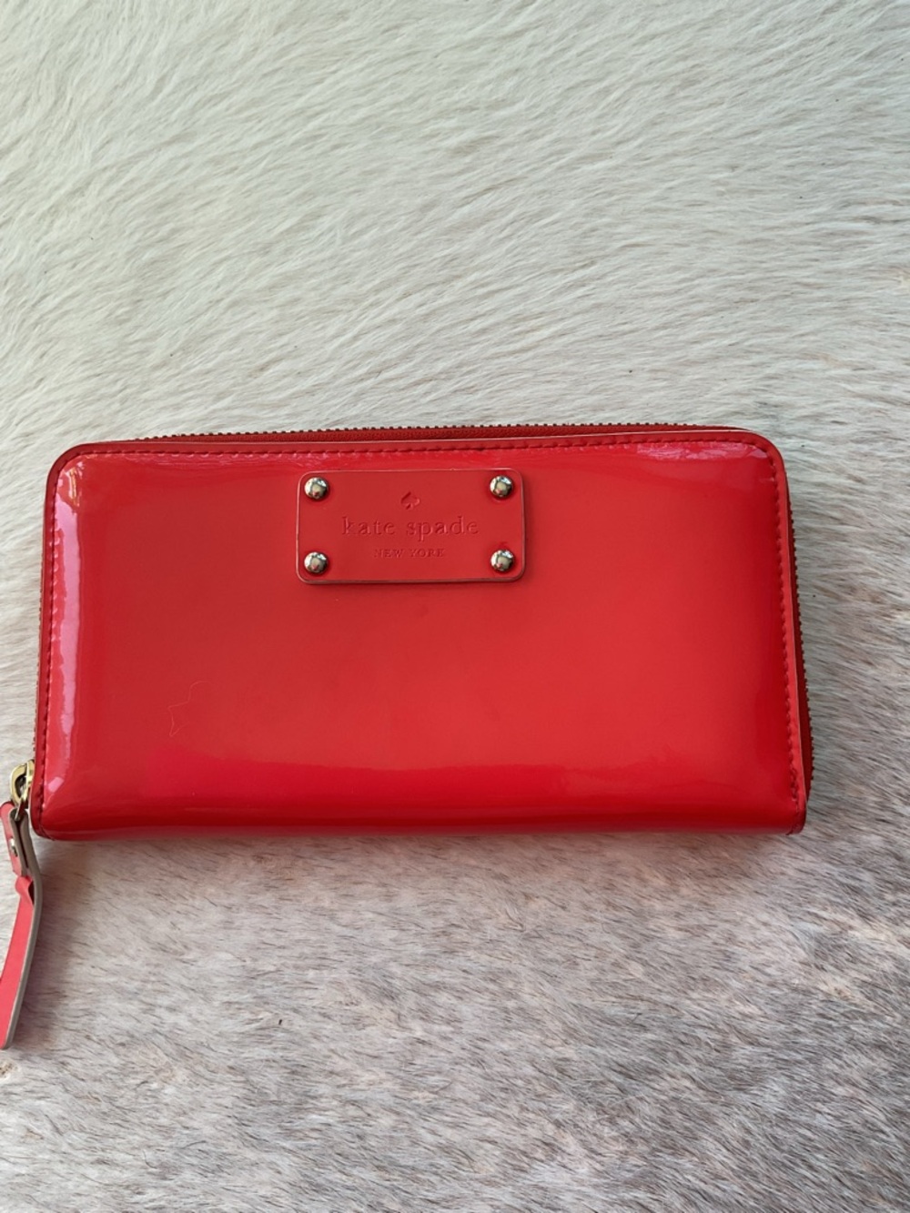 Kate Spade Patent Coral Zip Around Wallet with Gold Accent